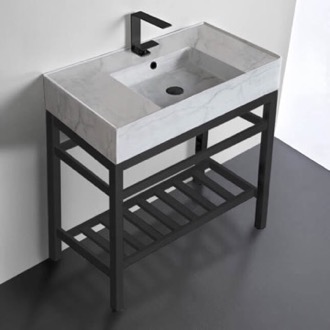Console Bathroom Sink Modern Console Sink Vanity, Marble Style Sink, 32 Inch, Black Metal Stand Scarabeo 5123-F-CON2-BLK